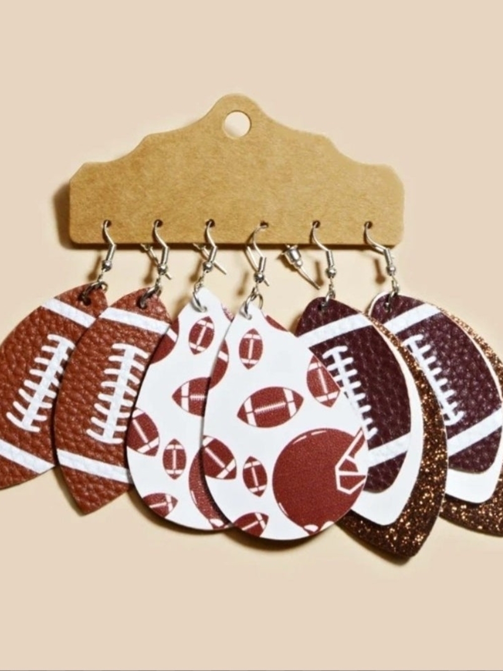 Football-Print Brown and White Dangle Earrings - Game Day Favors